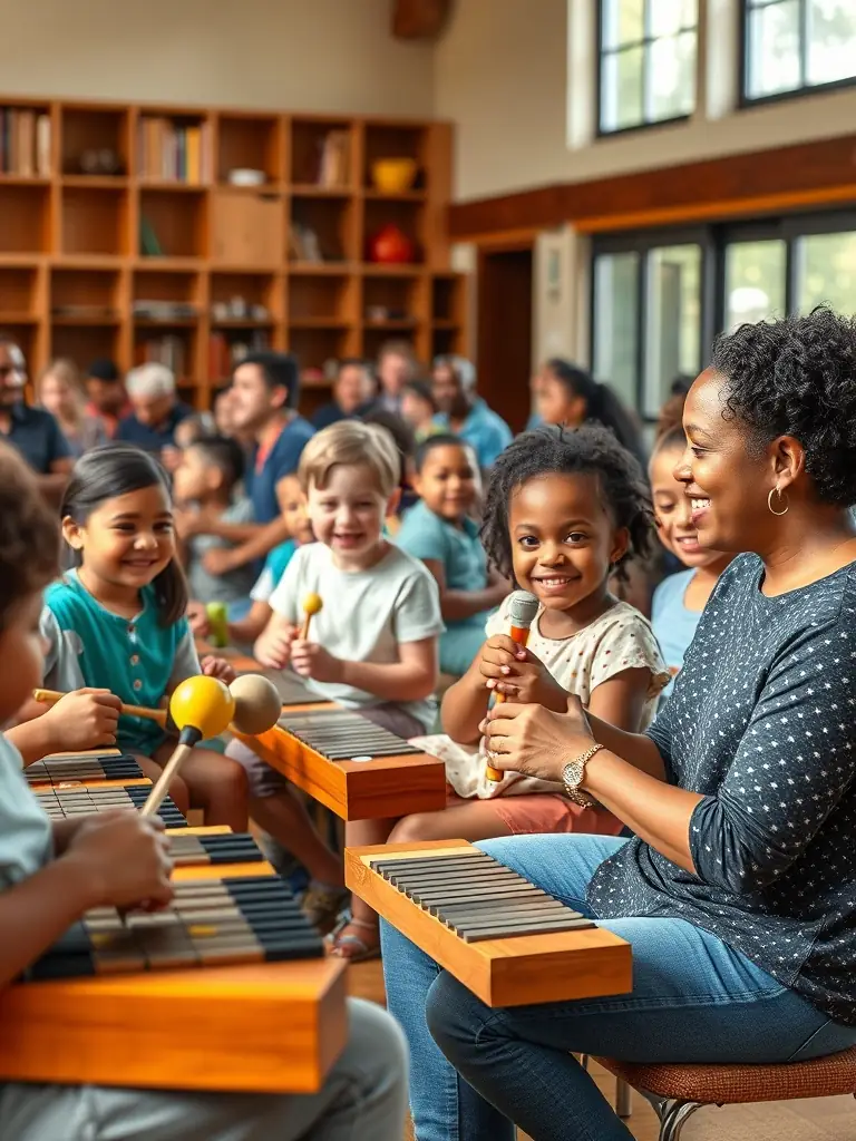 A lively music and dance class with diverse participants, including children and adults, playing instruments and dancing together in a spacious, sunlit room. This image will be used to represent inclusive cultural activities.
