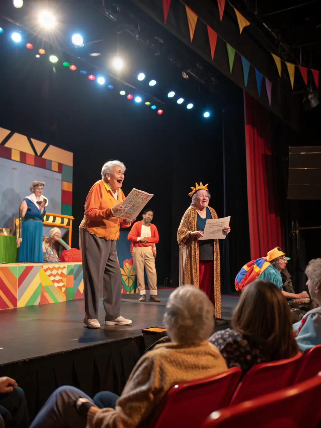 A community theater rehearsal with local residents of all ages practicing lines and stage movements on a small stage, surrounded by props and costumes. This image will highlight community-driven performing arts.