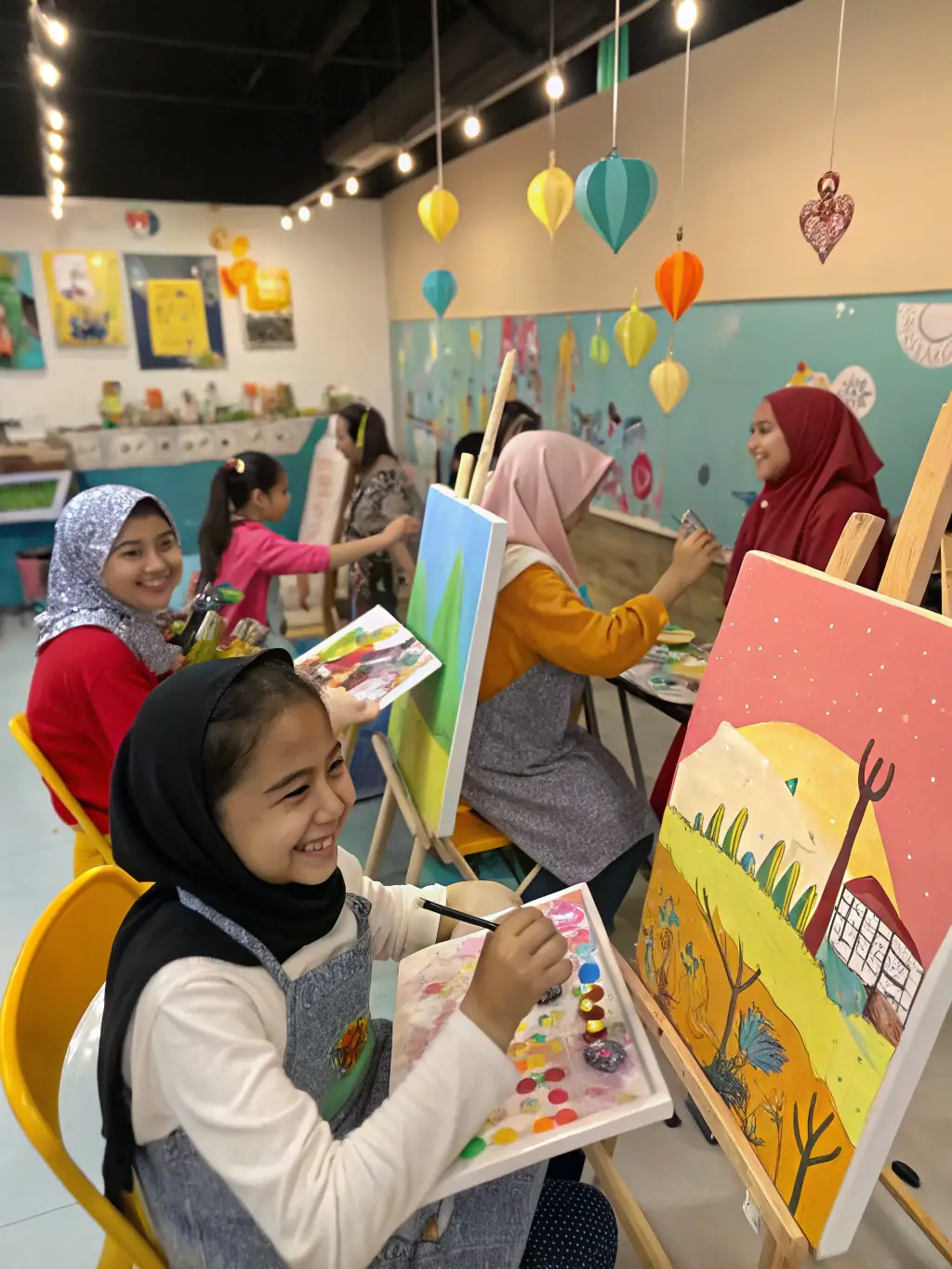 A vibrant art workshop in progress, with children and teenagers painting on easels, guided by an enthusiastic instructor in a bright, welcoming studio. This image will illustrate the organization's commitment to fostering creativity among youth.