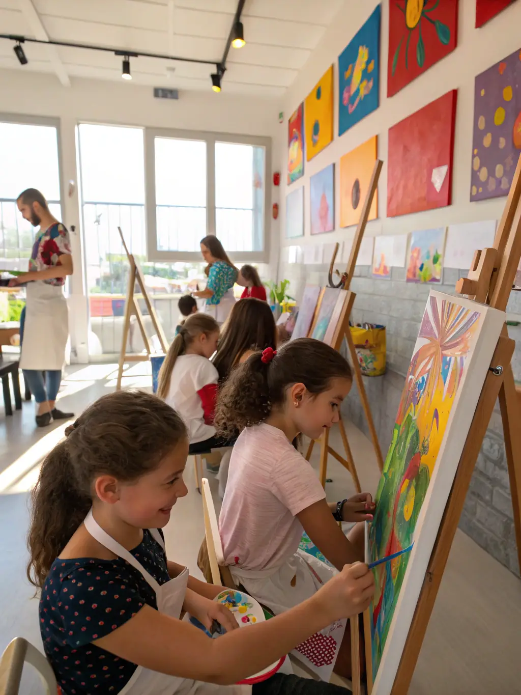 A lively art workshop scene with children and adults painting on easels, bright colors, and an instructor guiding participants in a sunlit community center.