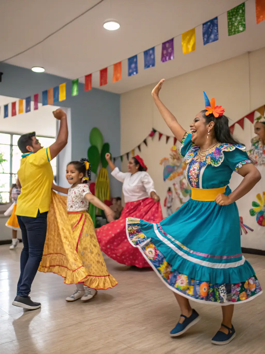 A diverse group of community members dancing together in a spacious hall, traditional costumes and joyful expressions highlighting a multicultural dance class.