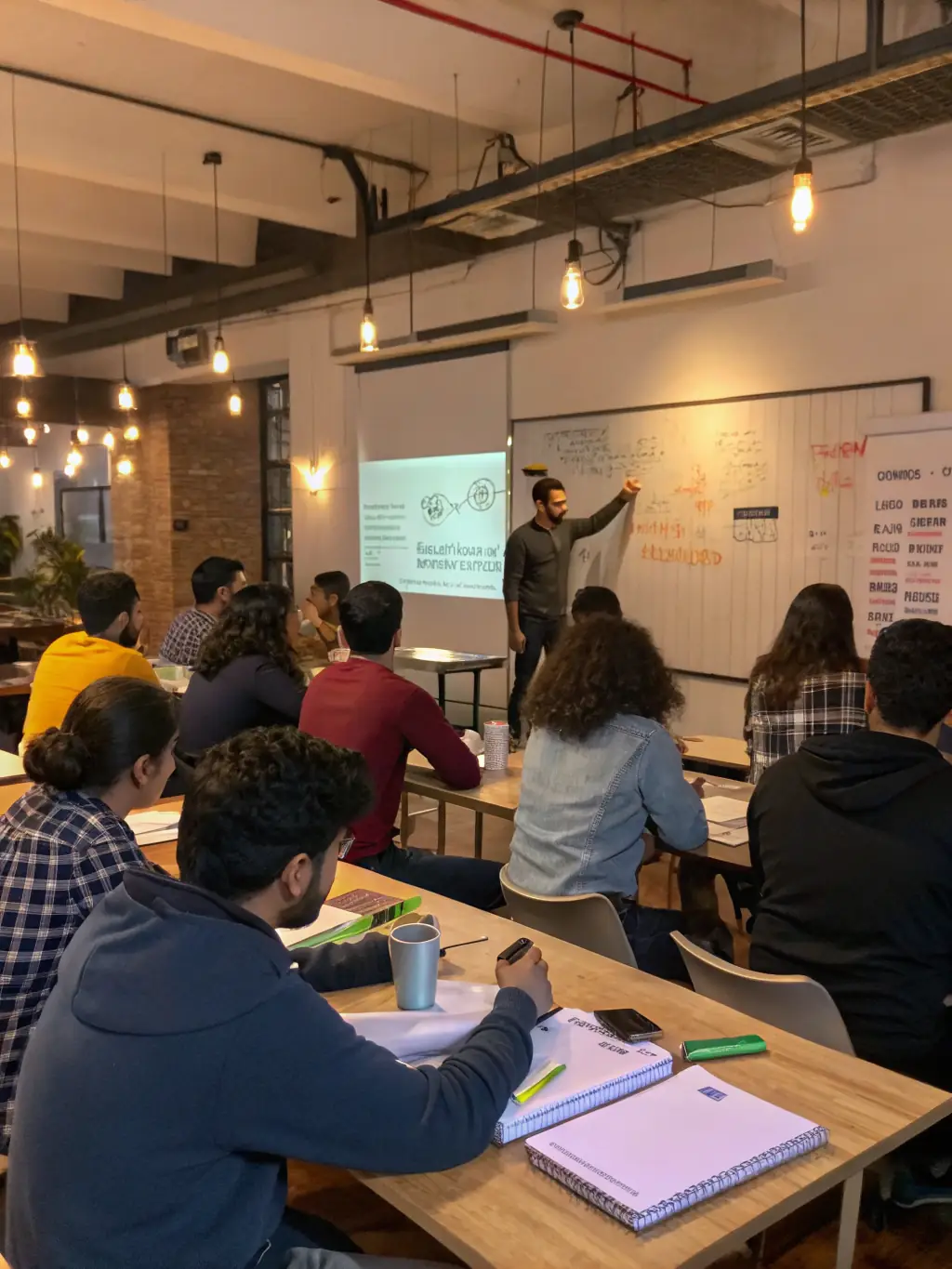 A group of teenagers and young adults gathered in a modern classroom, attentively listening to a mentor during a digital literacy training session.