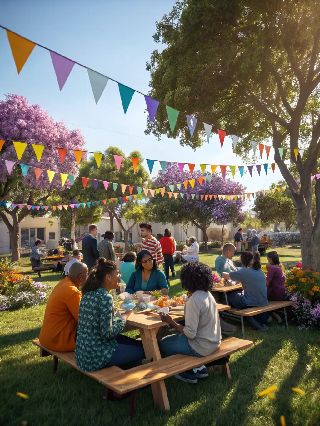 A bustling outdoor cultural festival with colorful tents, art displays, live performances, and families enjoying activities together in a park setting. This image will showcase the organization's large-scale events.