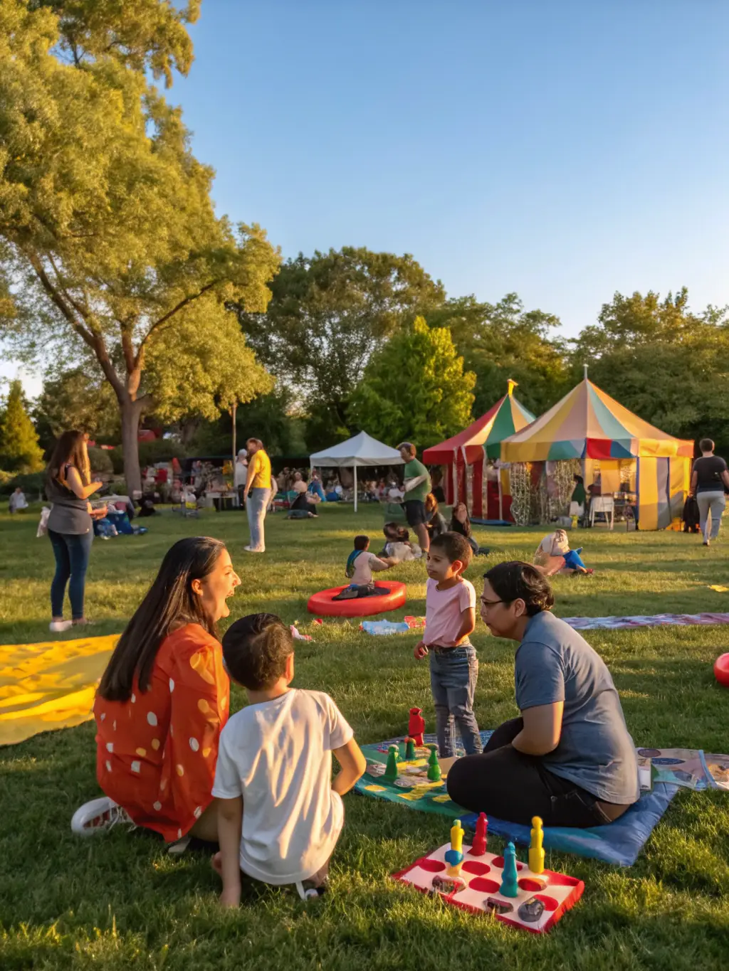 A vibrant outdoor scene with families and children playing games, enjoying crafts, and sharing food at a festive community event under colorful banners.